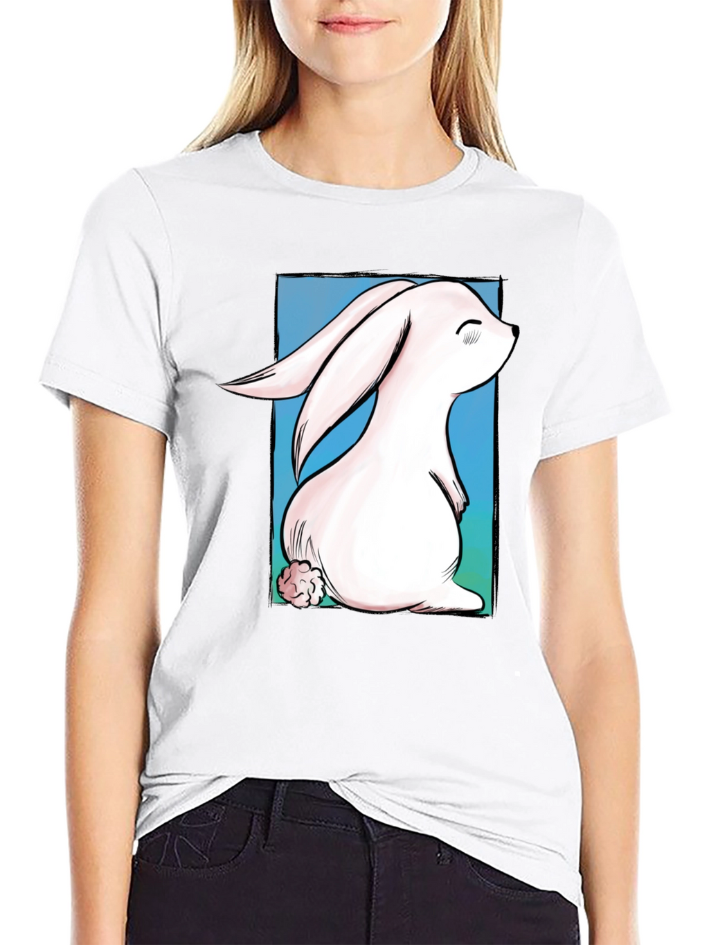 Cute Bunny Graphic Tee - Black Cotton T-Shirt