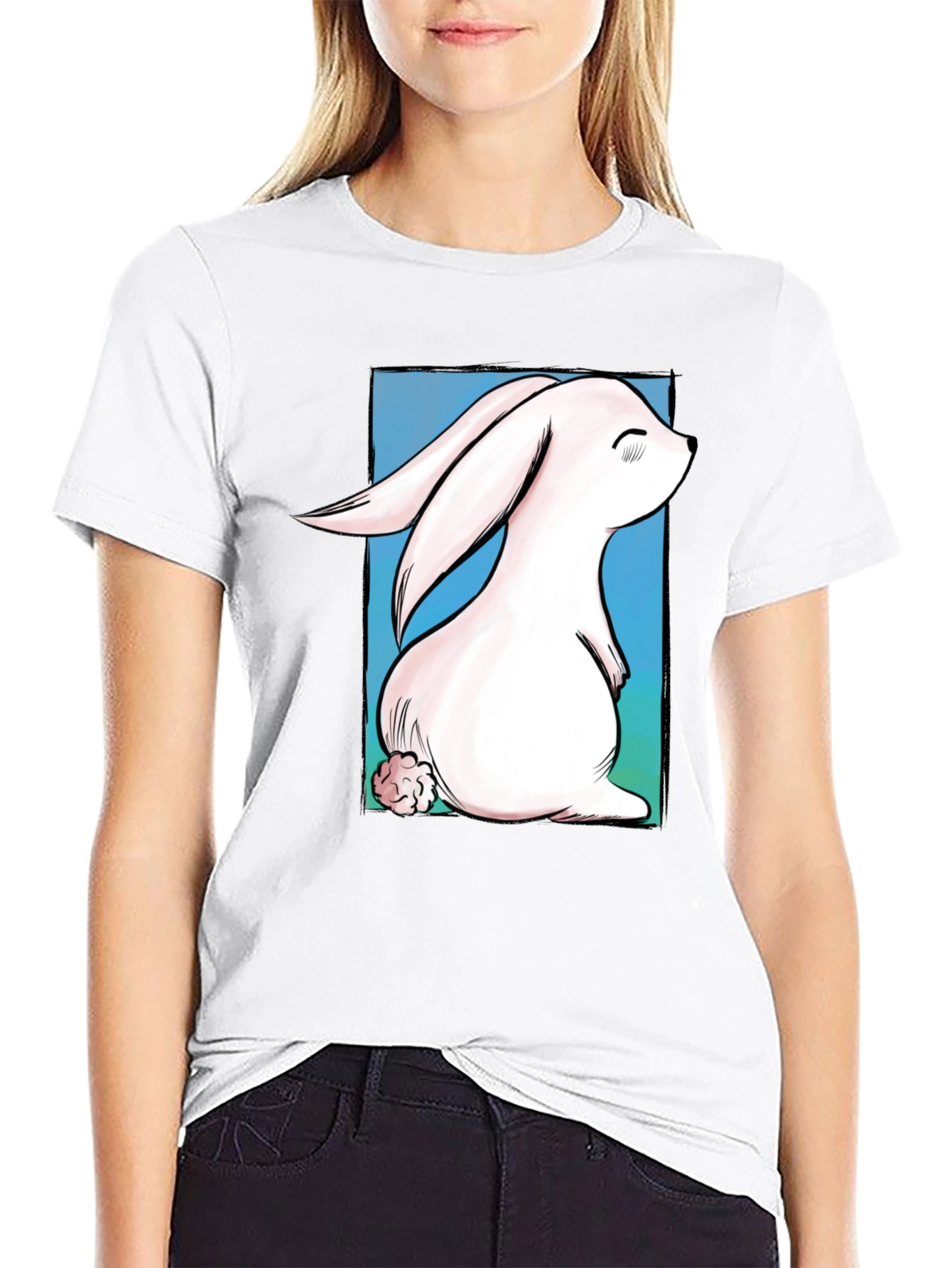 Cute Bunny Graphic Tee - Black Cotton T-Shirt