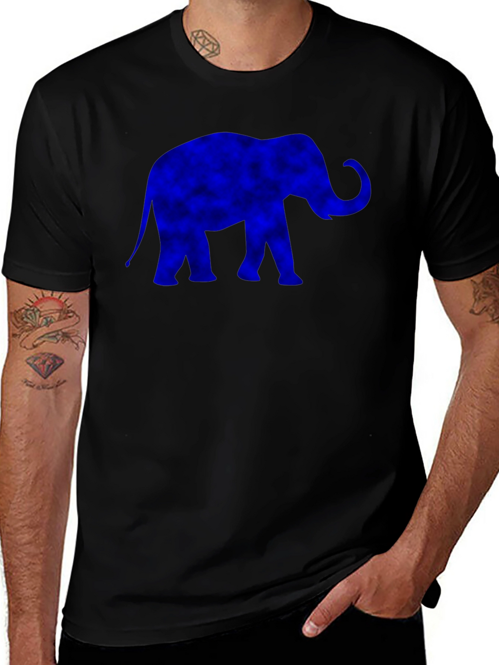 Blue Elephant Graphic Print Black T-Shirt