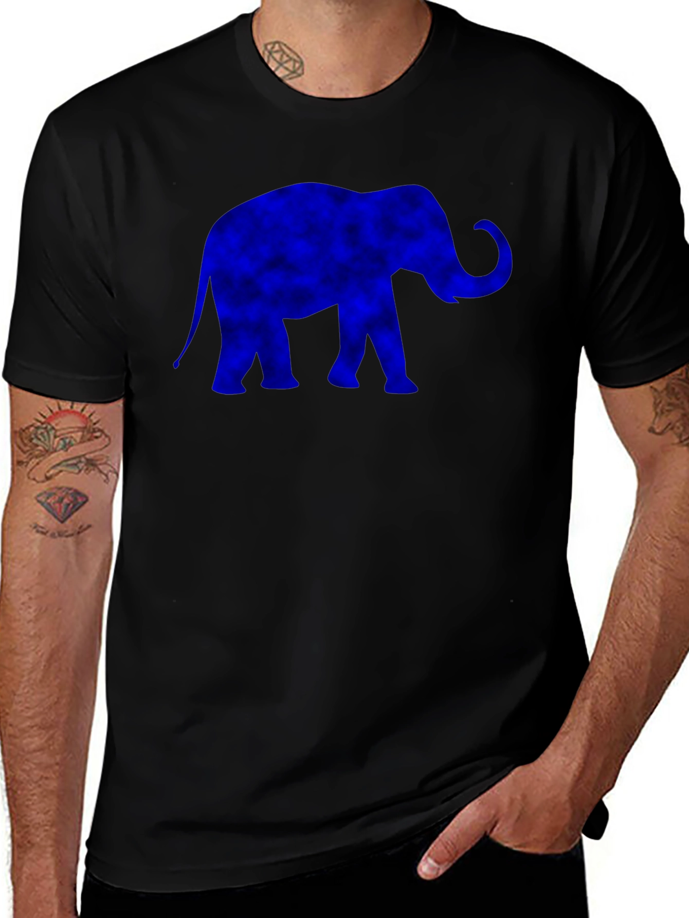 Blue Elephant Graphic Print Black T-Shirt