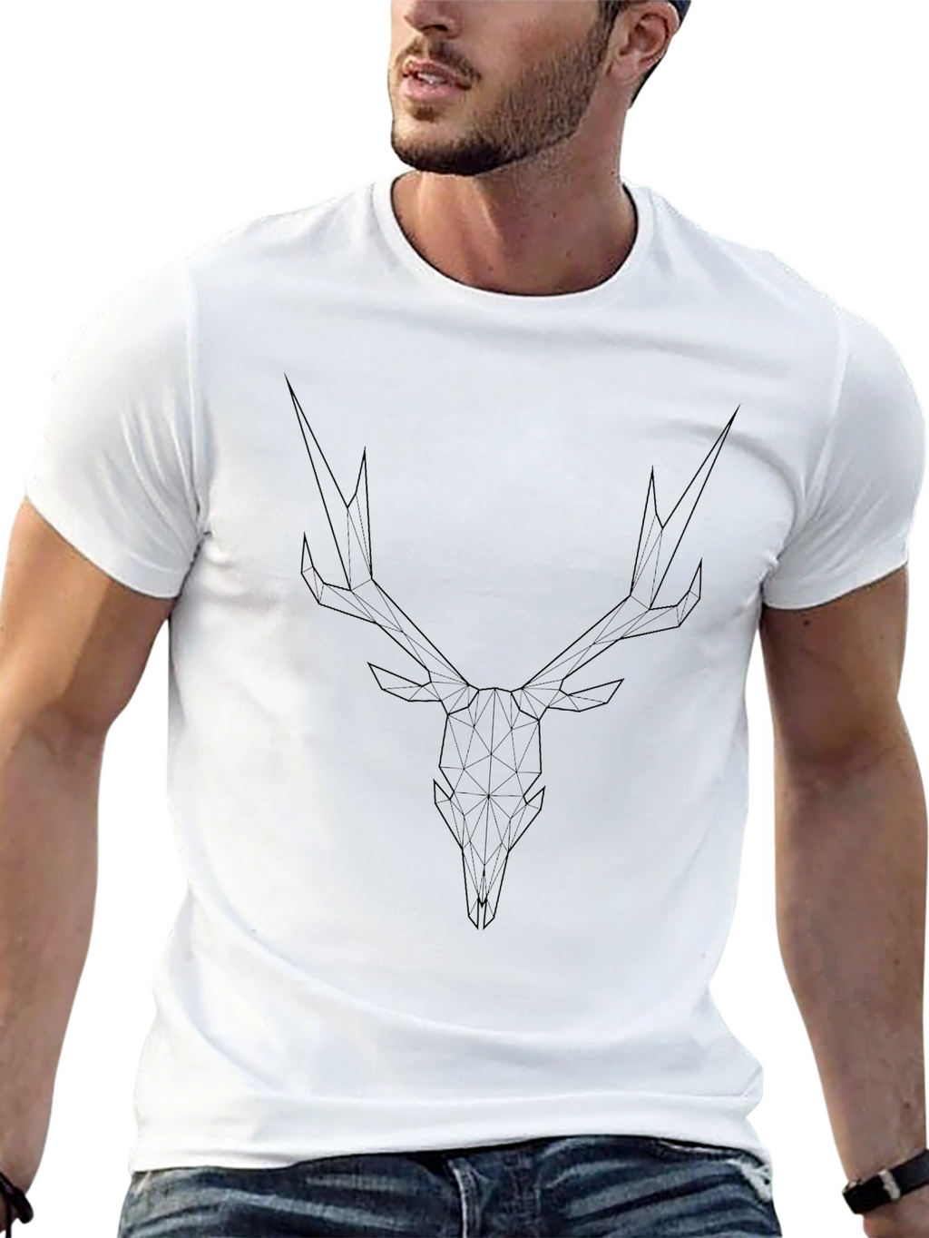 Geometric Deer Skull Graphic Tee - Modern Black T-Shirt