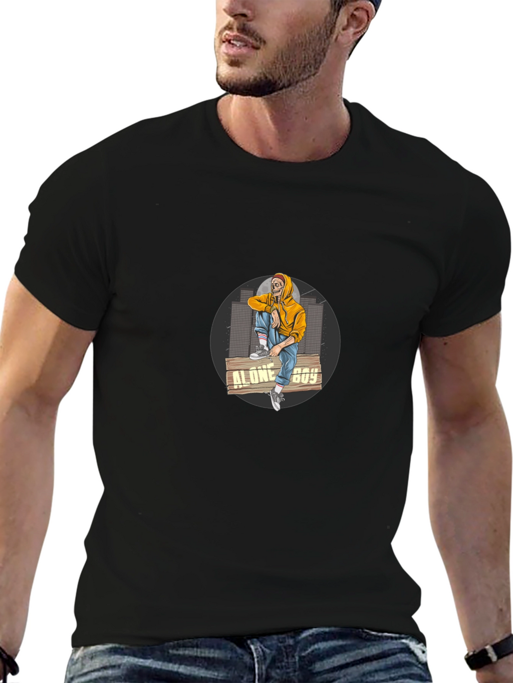 Alone Boy Graphic Print Black T-Shirt