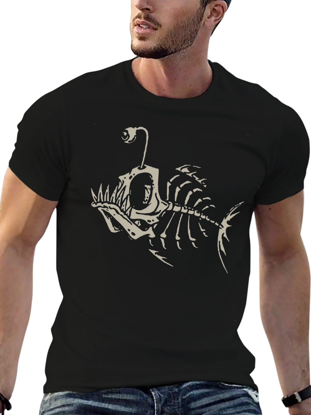 Angler Fish Skeleton Graphic Tee - Black Cotton T-Shirt
