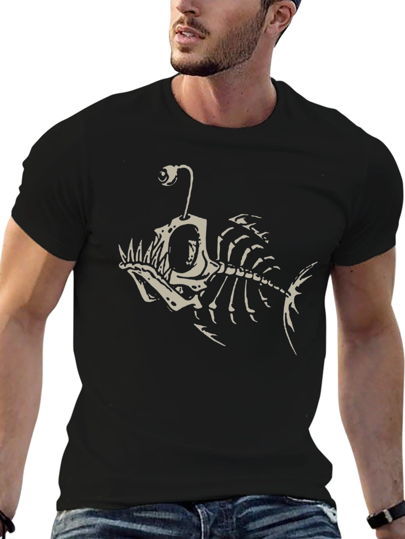 Angler Fish Skeleton Graphic Tee - Black Cotton T-Shirt