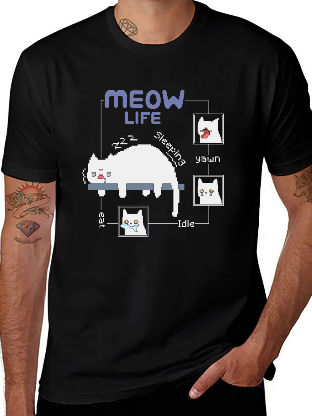 Meow Life Black T-Shirt - Pixel Cat