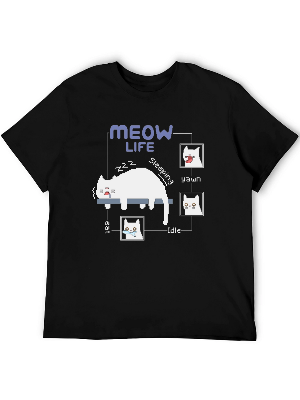 Meow Life Black T-Shirt - Pixel Cat