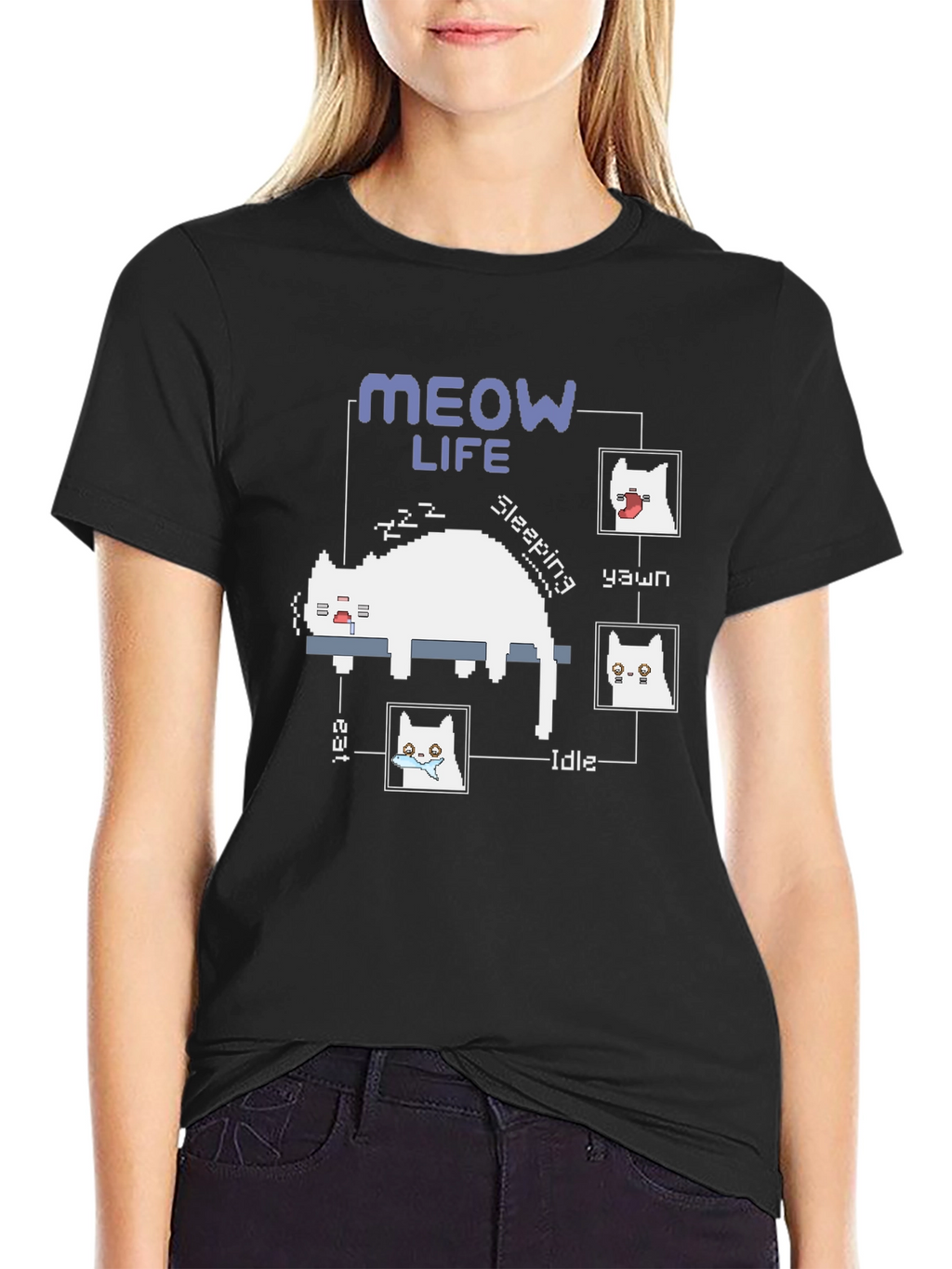 Meow Life Black T-Shirt - Pixel Cat