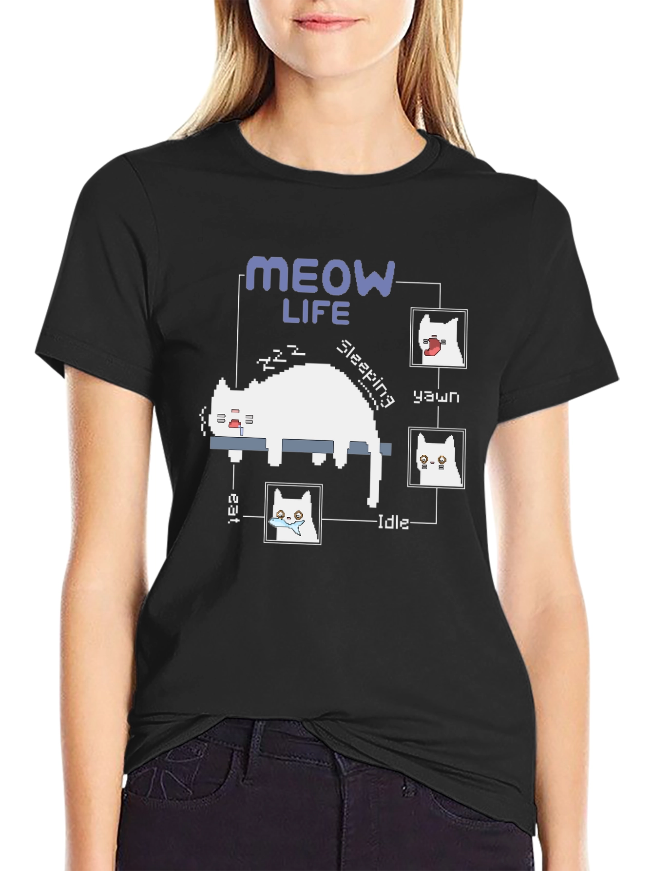 Meow Life Black T-Shirt - Pixel Cat