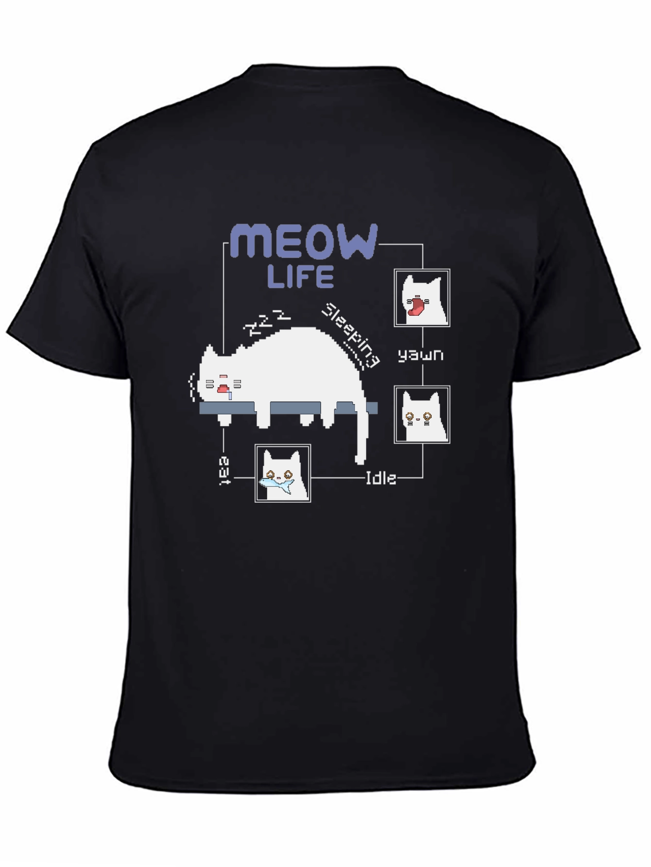 Meow Life Black T-Shirt - Pixel Cat