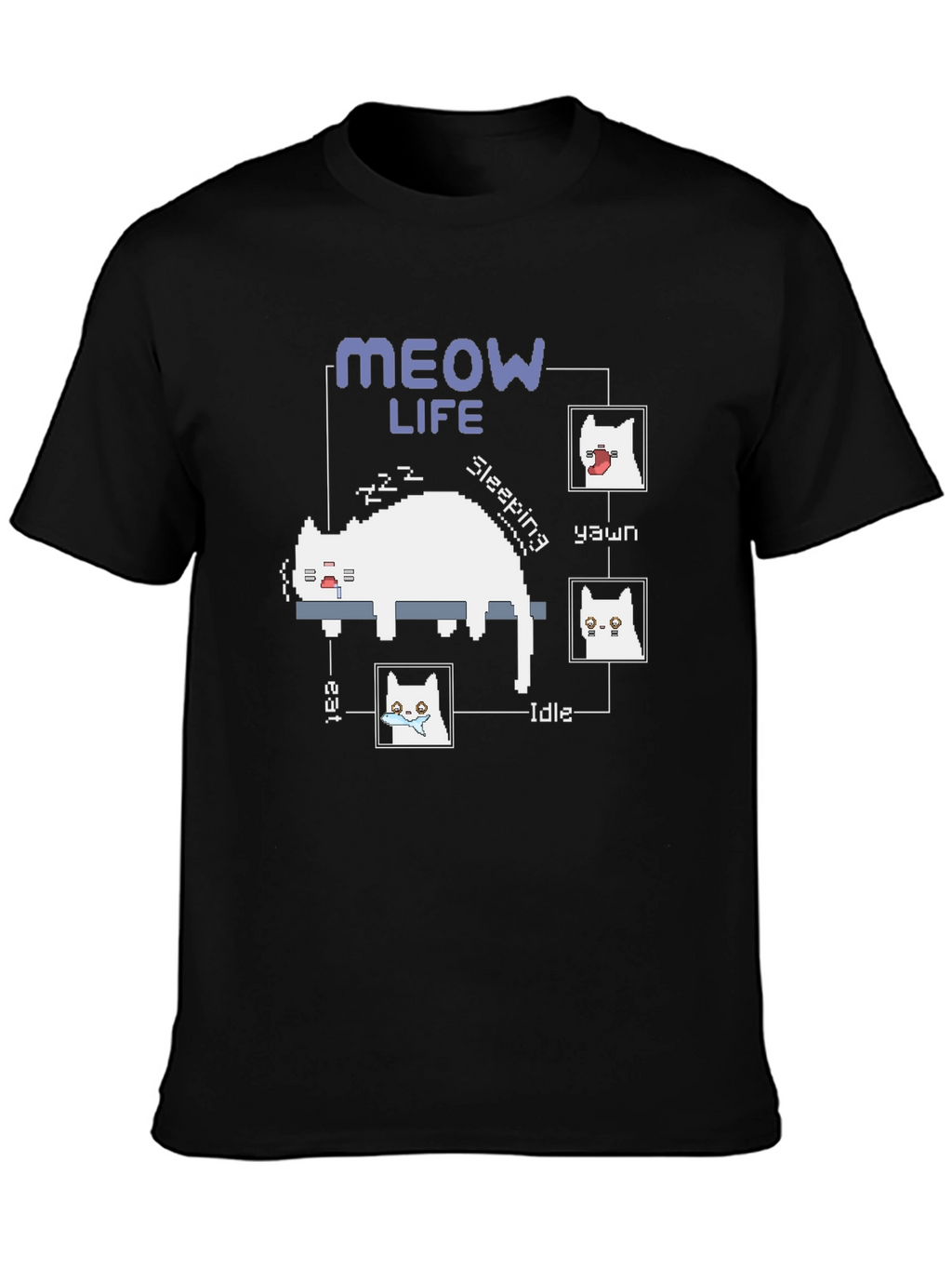 Meow Life Black T-Shirt - Pixel Cat