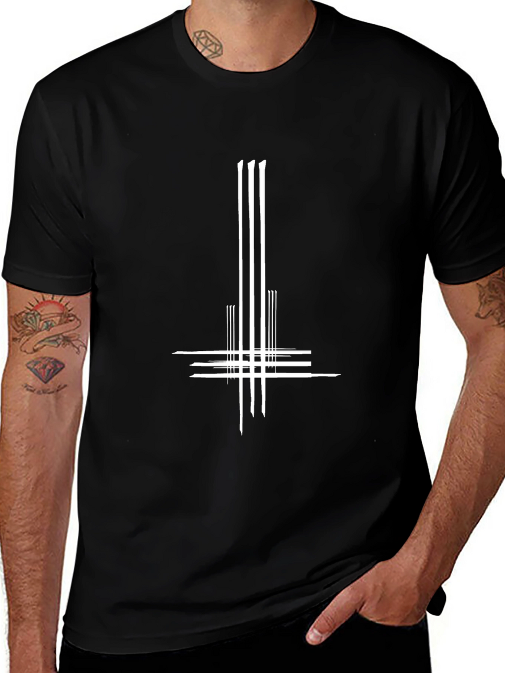 Black T-Shirt with White Inverted Cross Graphic