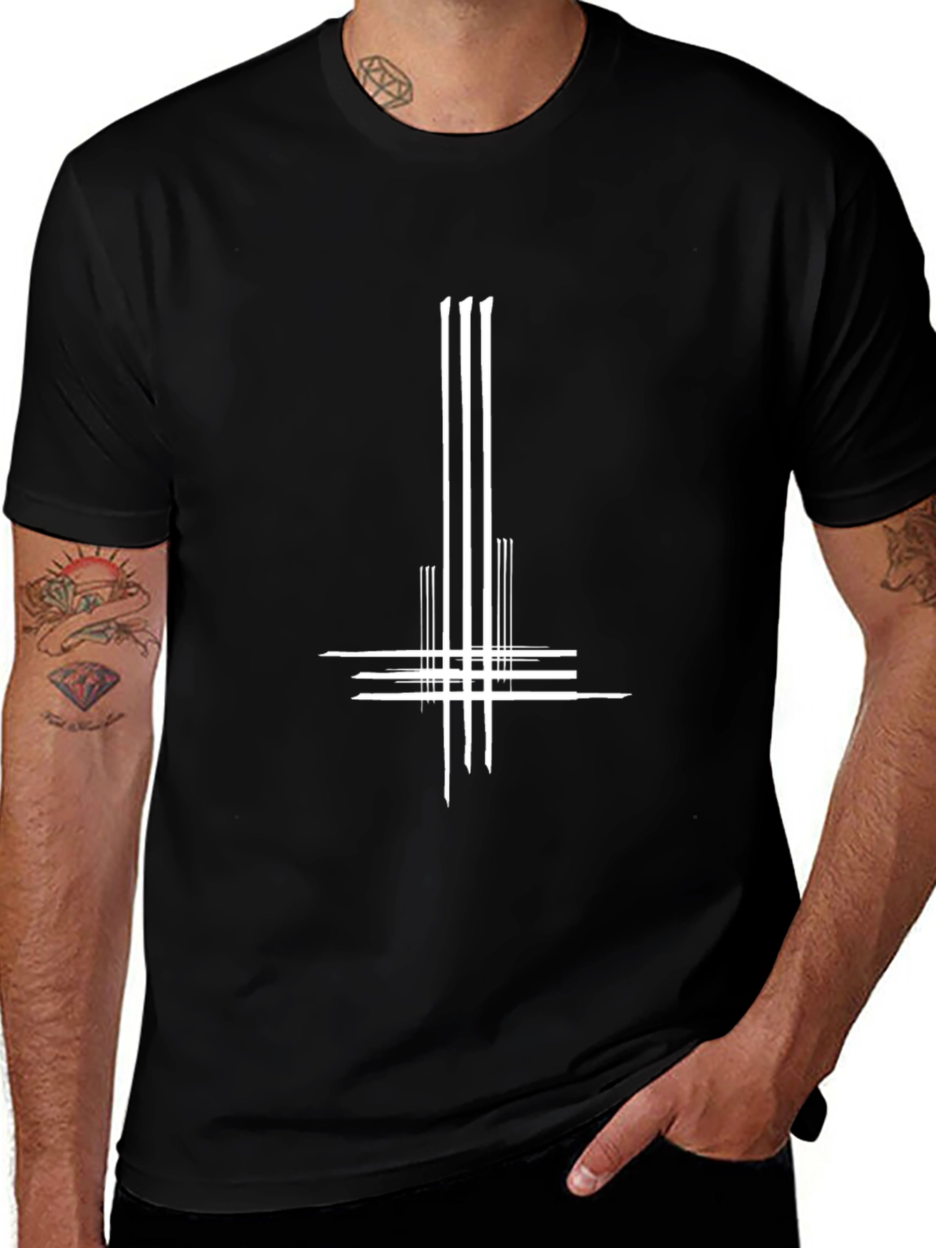 Black T-Shirt with White Inverted Cross Graphic