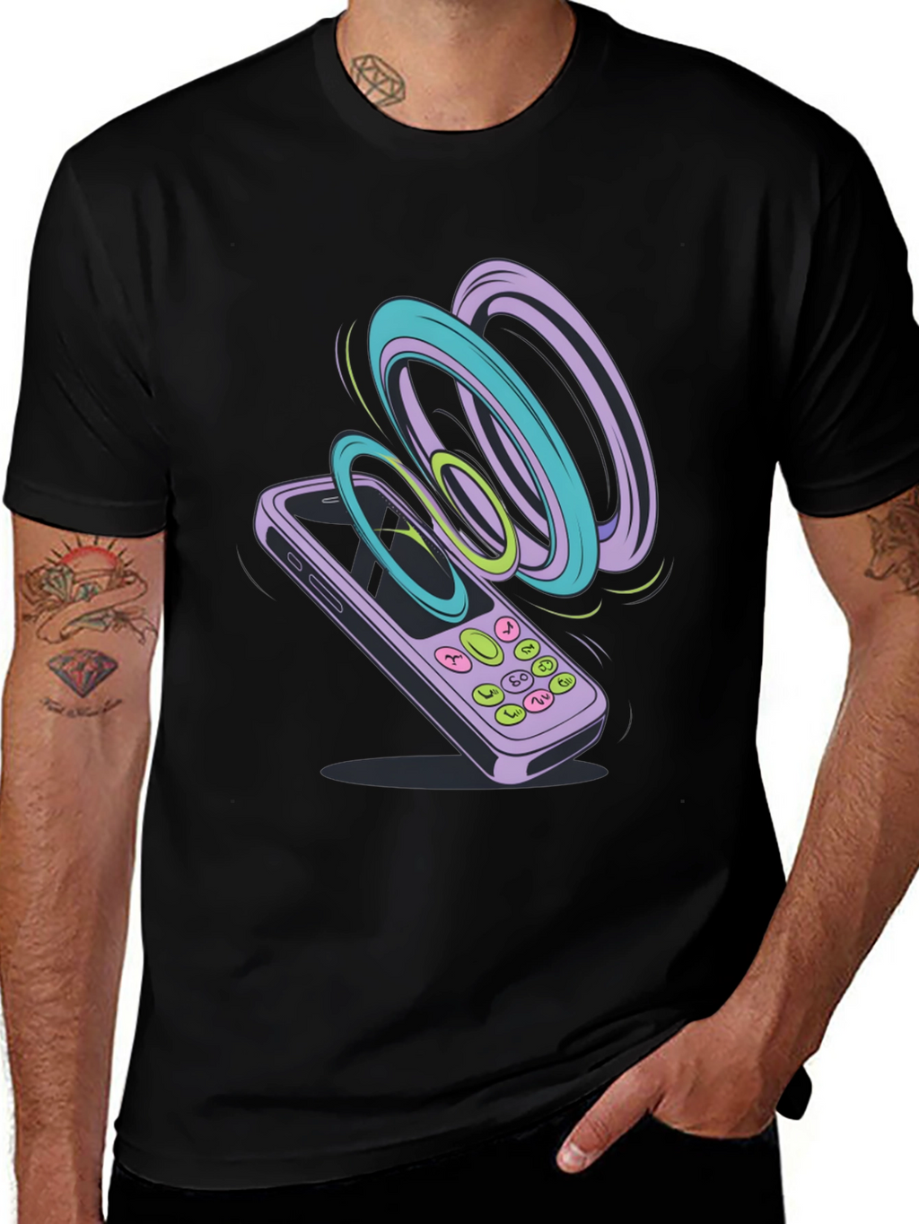 Retro Phone Graphic Tee - Black Cotton T-Shirt
