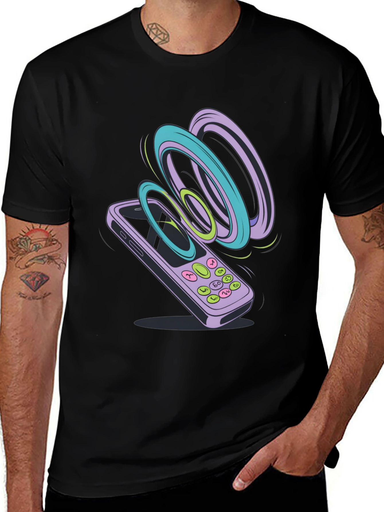 Retro Phone Graphic Tee - Black Cotton T-Shirt