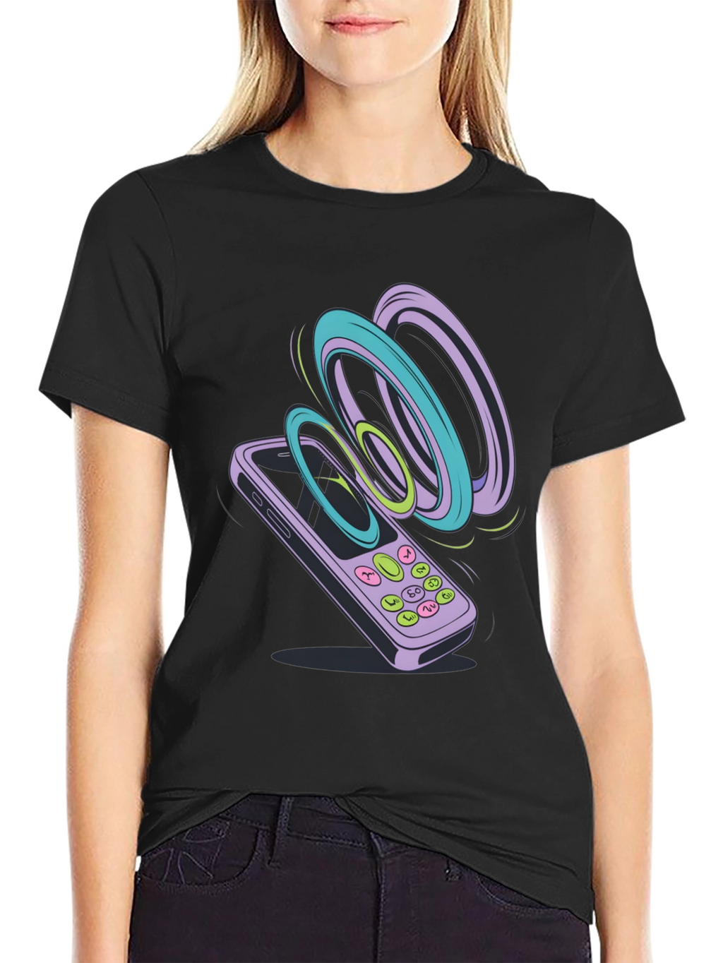 Retro Phone Graphic Tee - Black Cotton T-Shirt