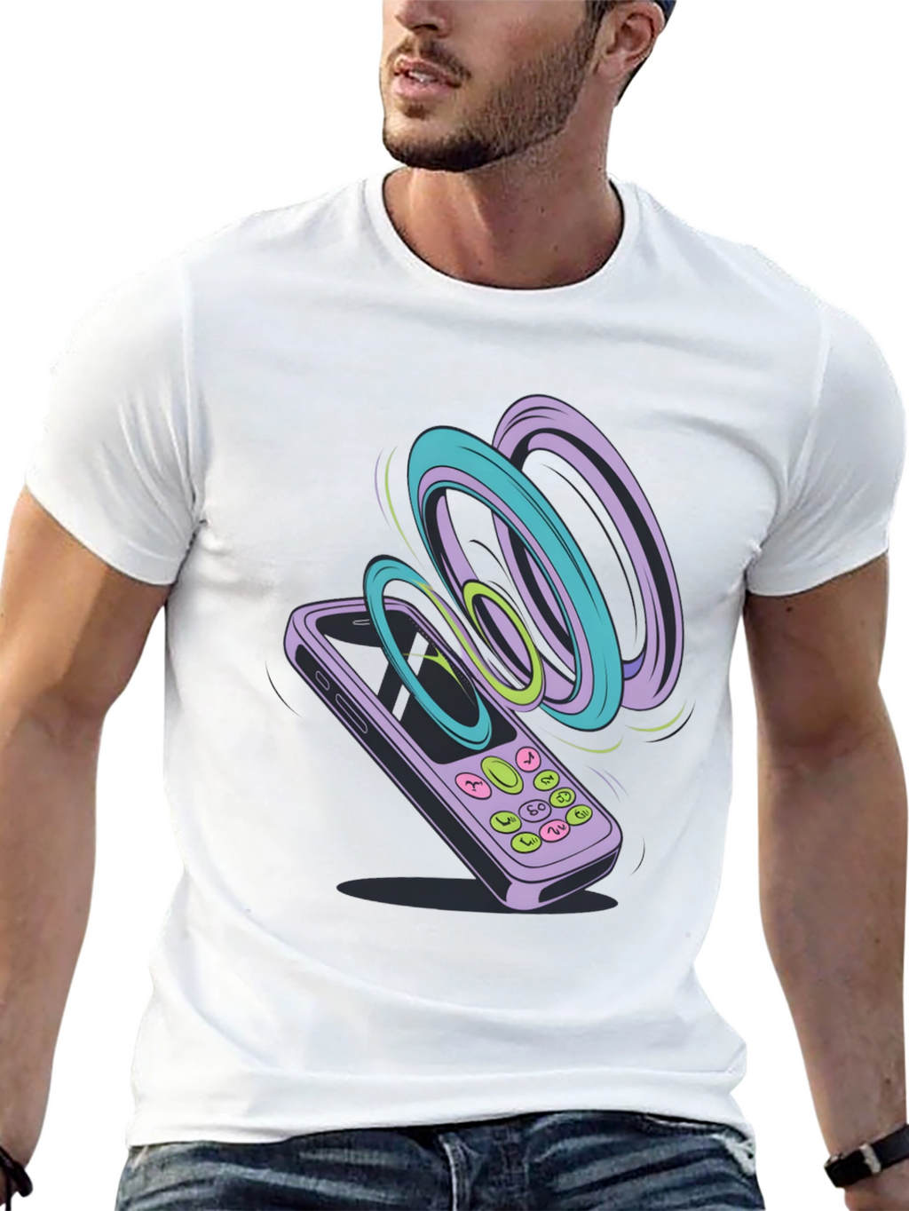 Retro Phone Graphic Tee - Black Cotton T-Shirt