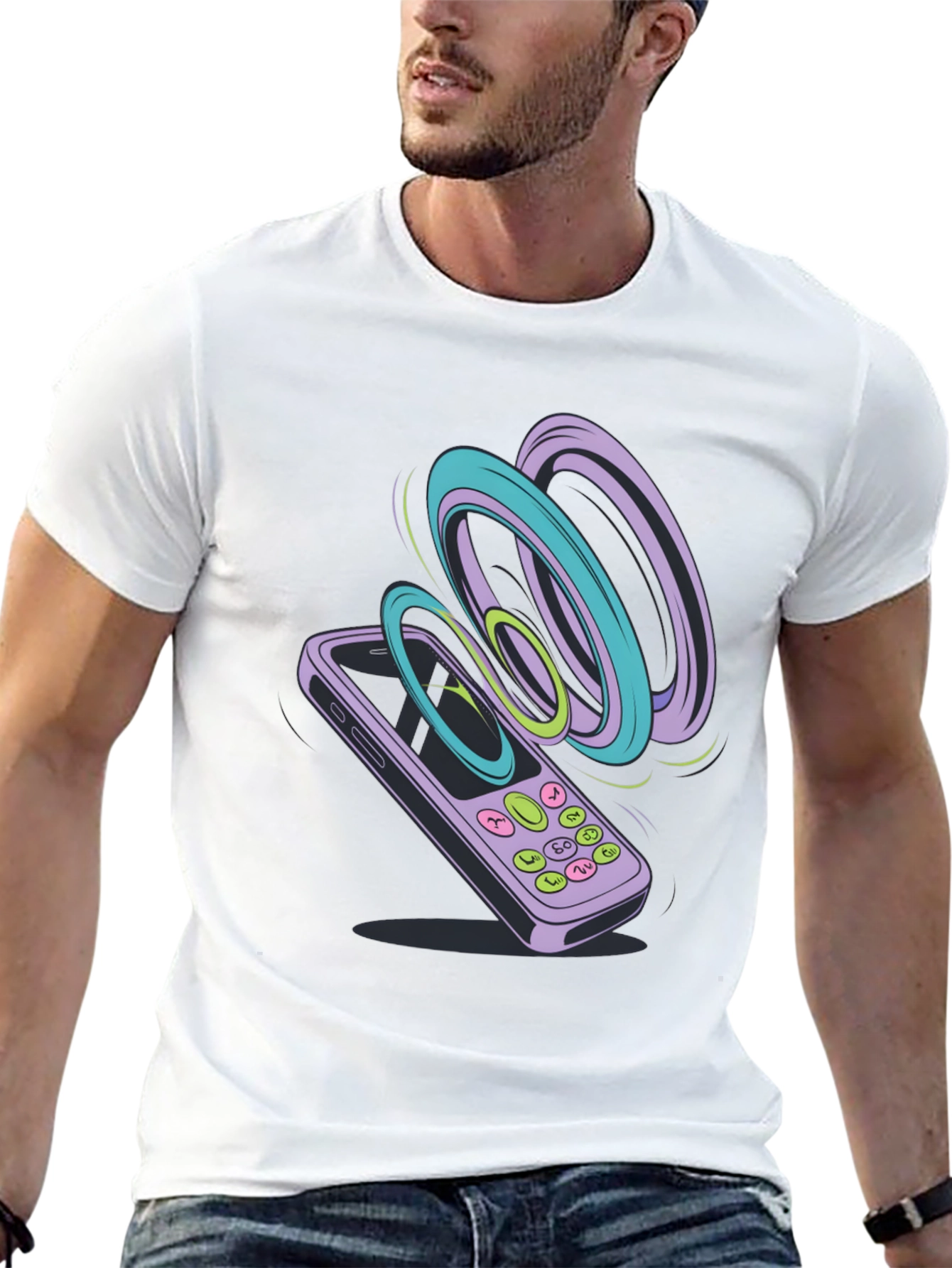 Retro Phone Graphic Tee - Black Cotton T-Shirt