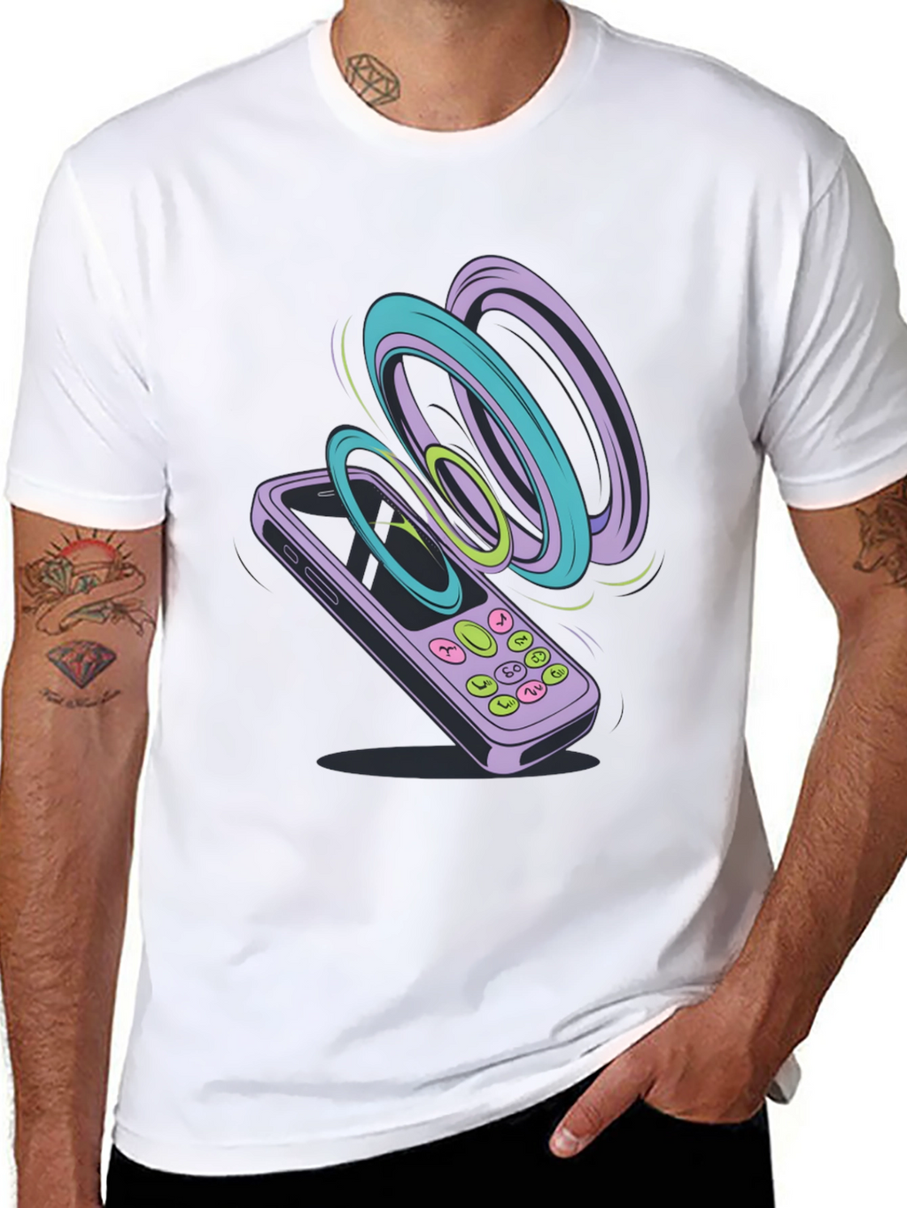 Retro Phone Graphic Tee - Black Cotton T-Shirt