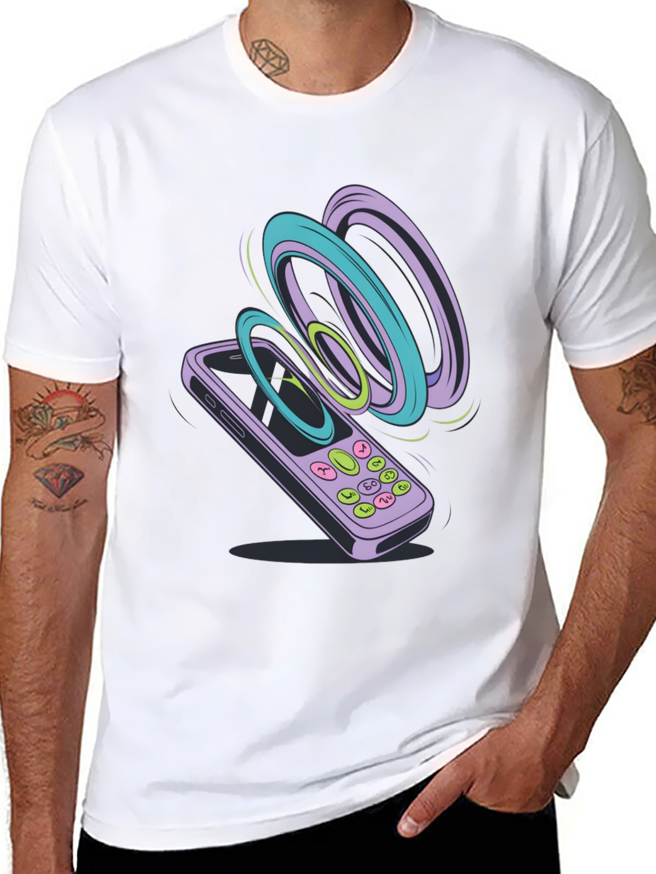 Retro Phone Graphic Tee - Black Cotton T-Shirt