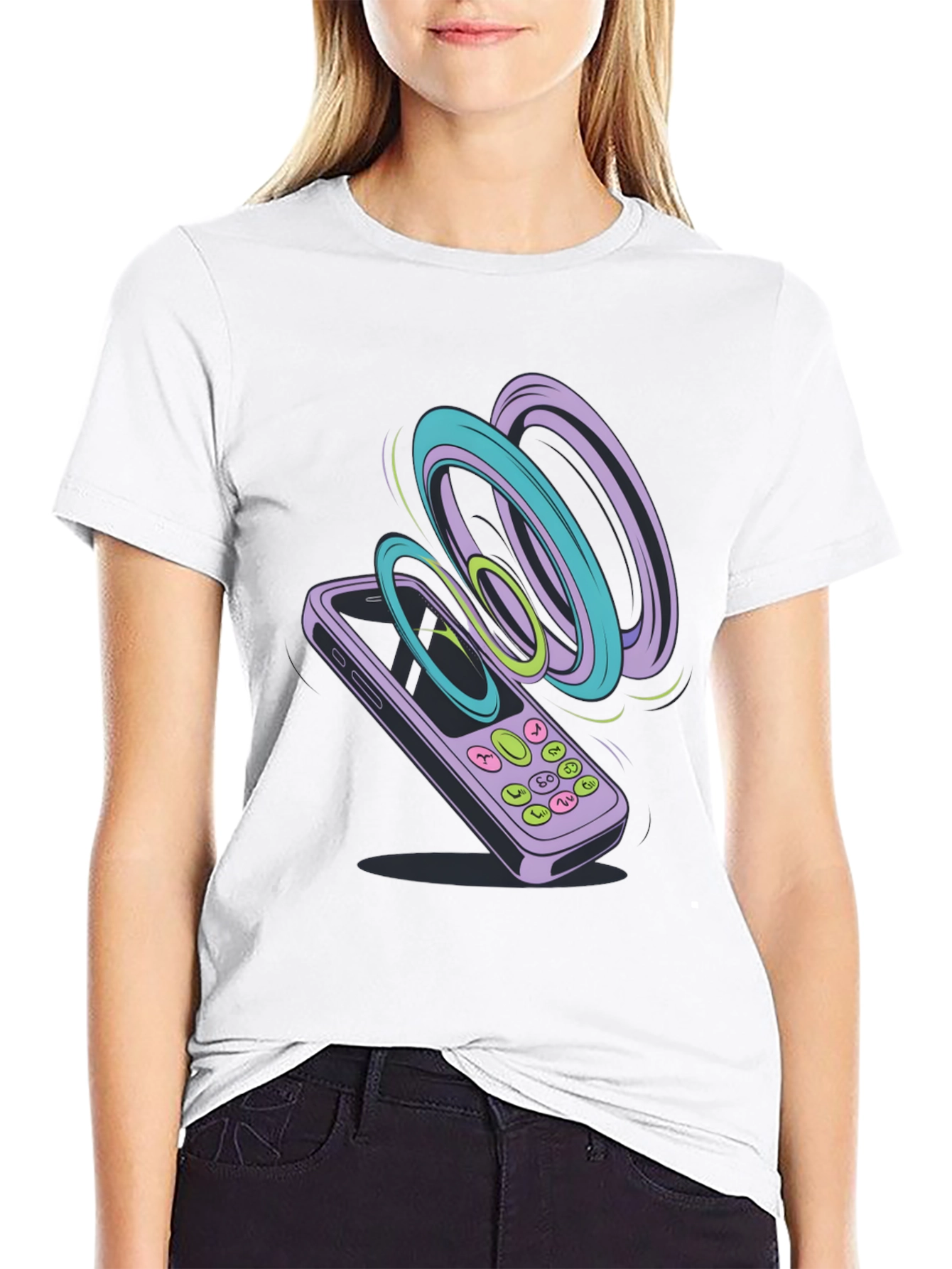 Retro Phone Graphic Tee - Black Cotton T-Shirt