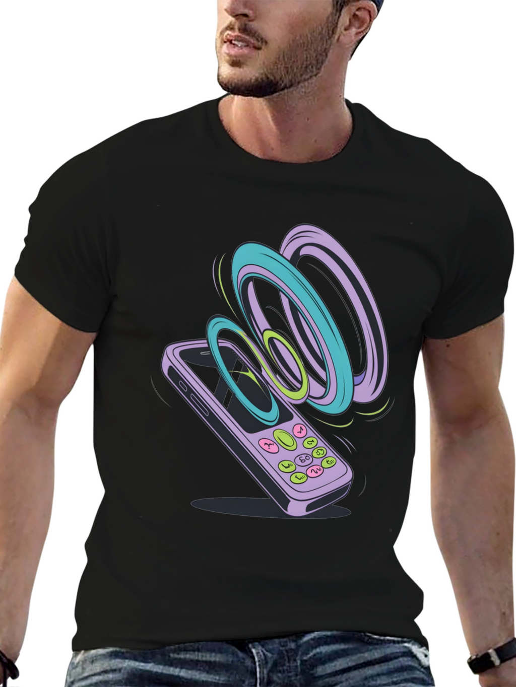 Retro Phone Graphic Tee - Black Cotton T-Shirt