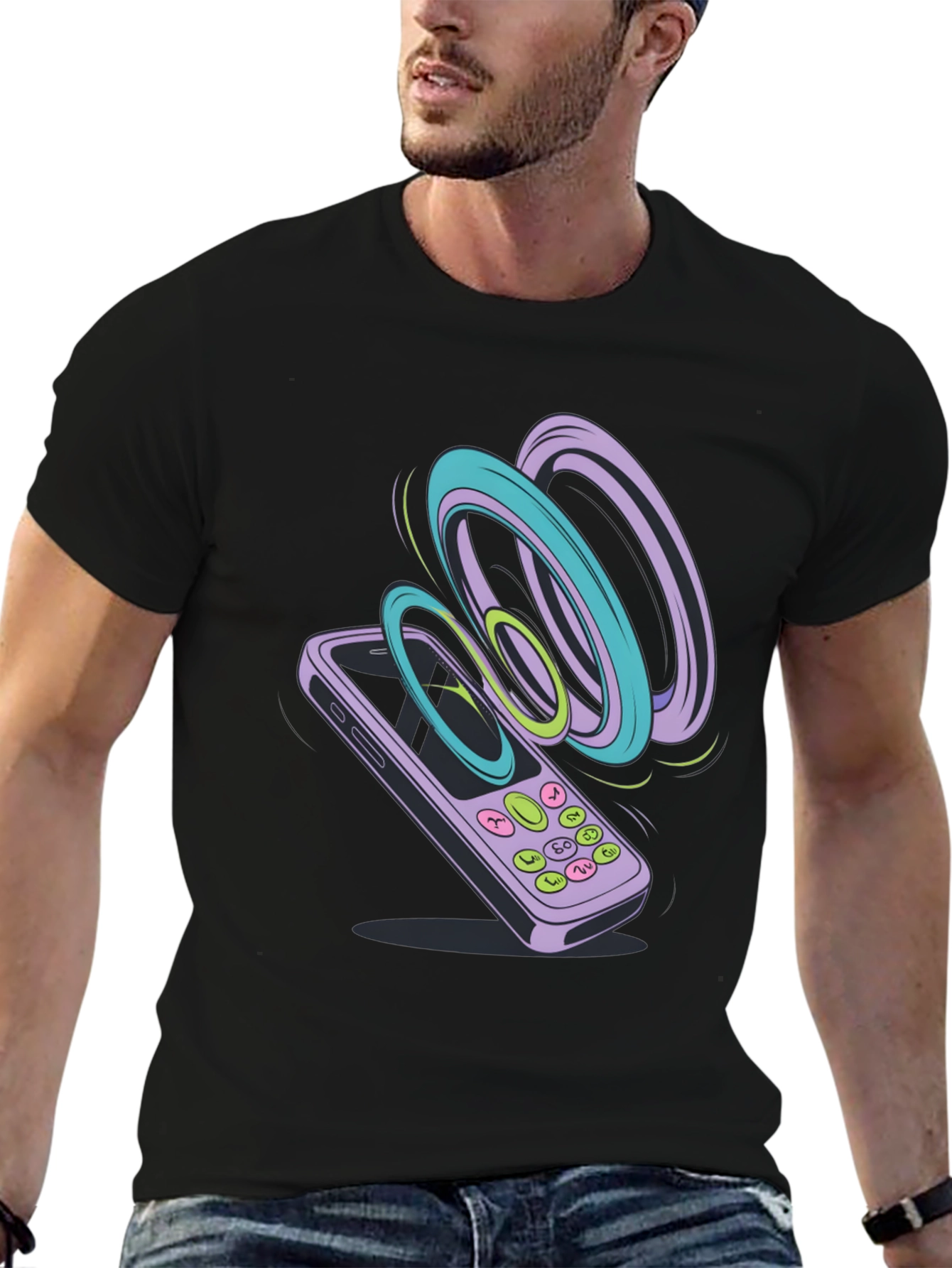 Retro Phone Graphic Tee - Black Cotton T-Shirt