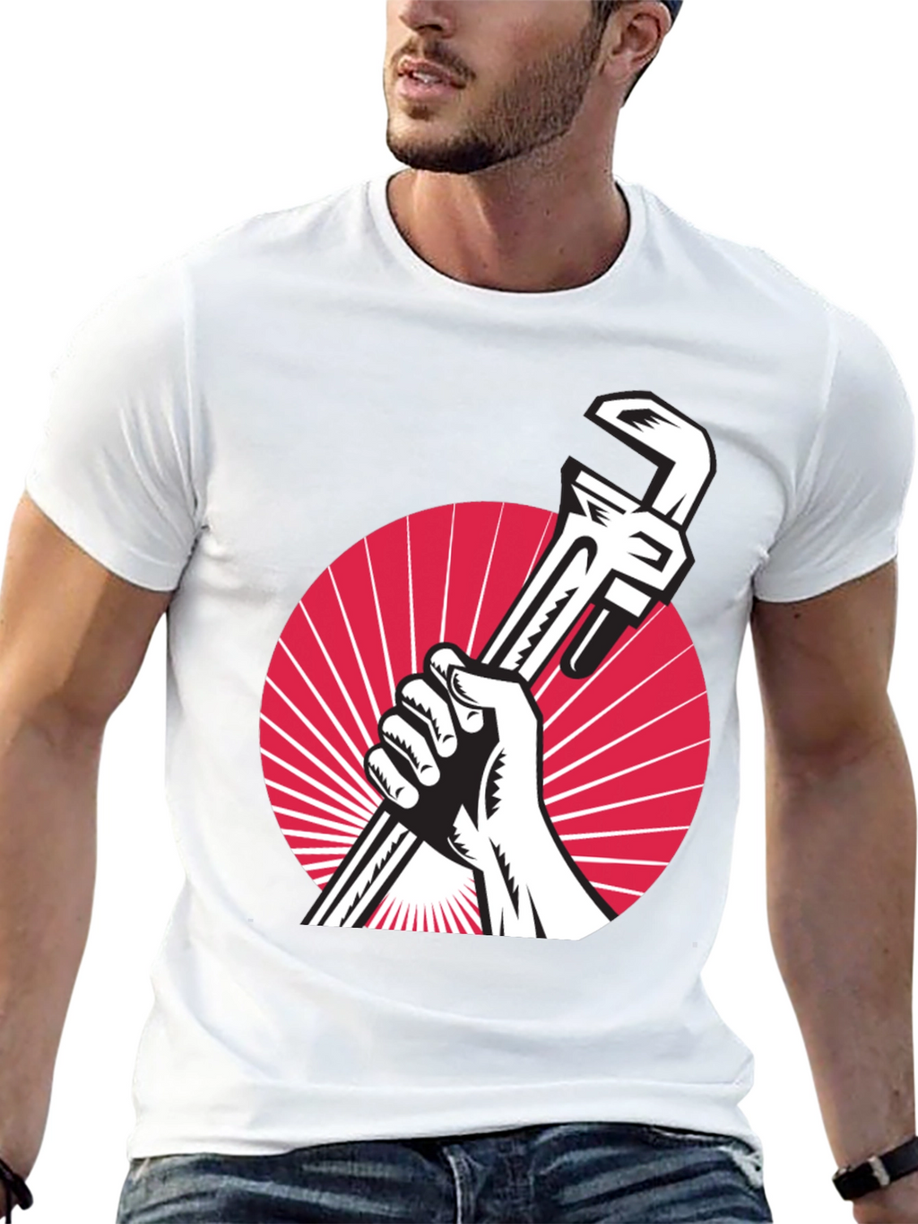 Retro Plumber T-Shirt - Hand Holding Wrench Design