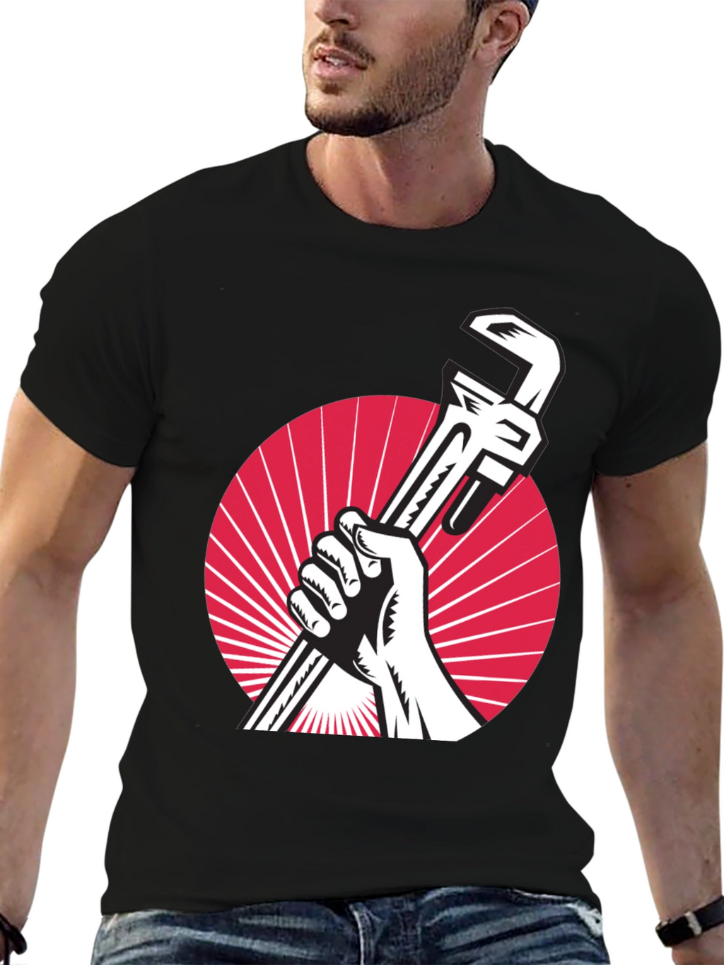 Retro Plumber T-Shirt - Hand Holding Wrench Design