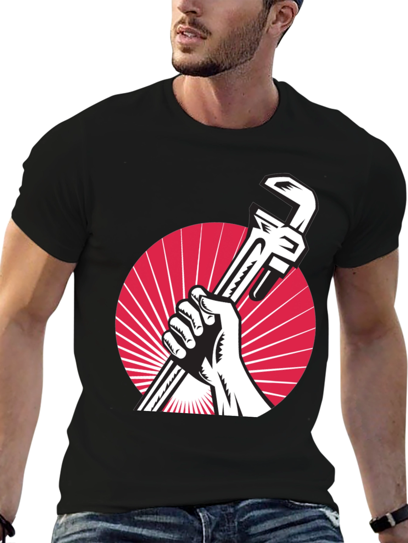Retro Plumber T-Shirt - Hand Holding Wrench Design
