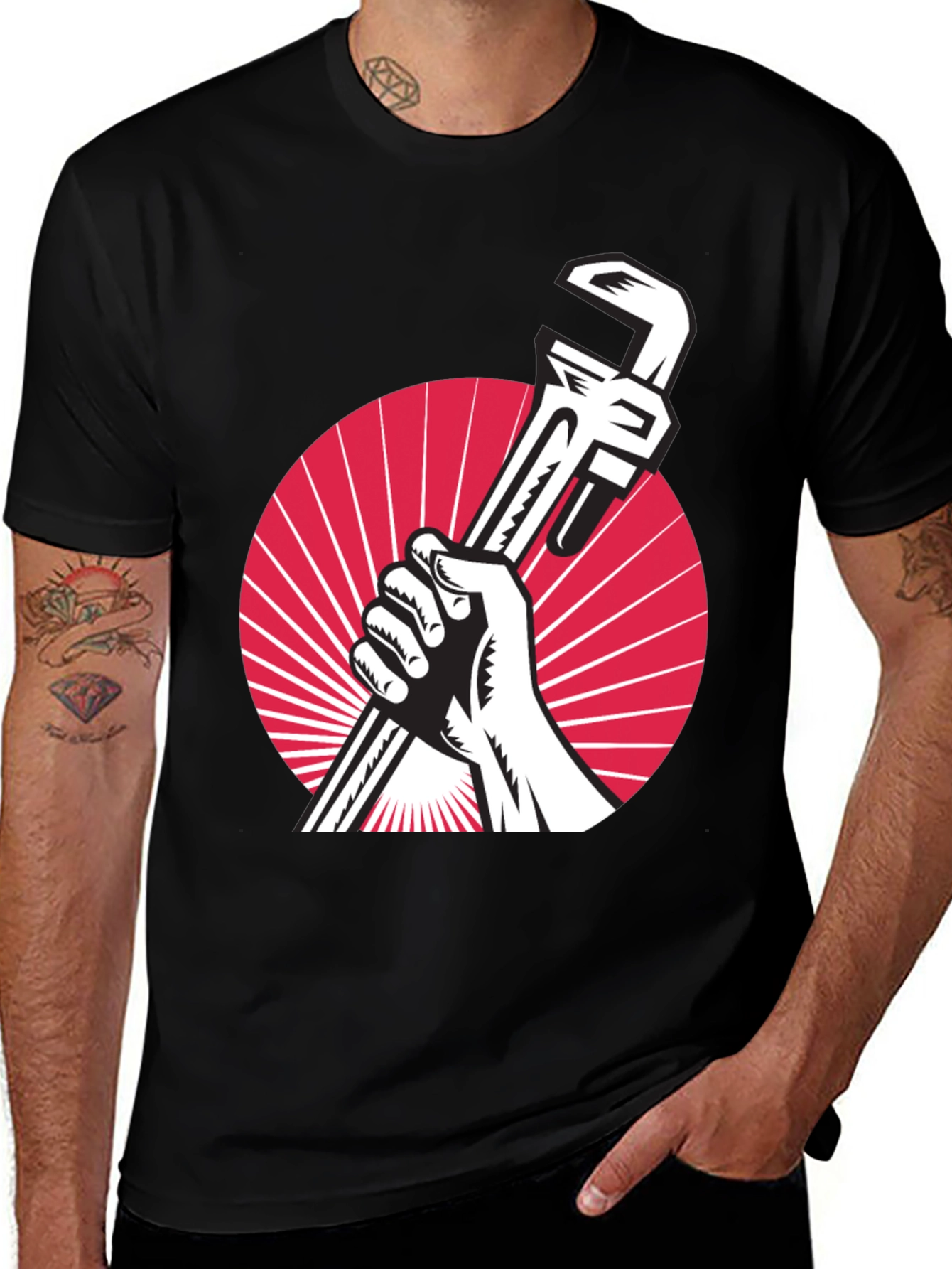 Retro Plumber T-Shirt - Hand Holding Wrench Design