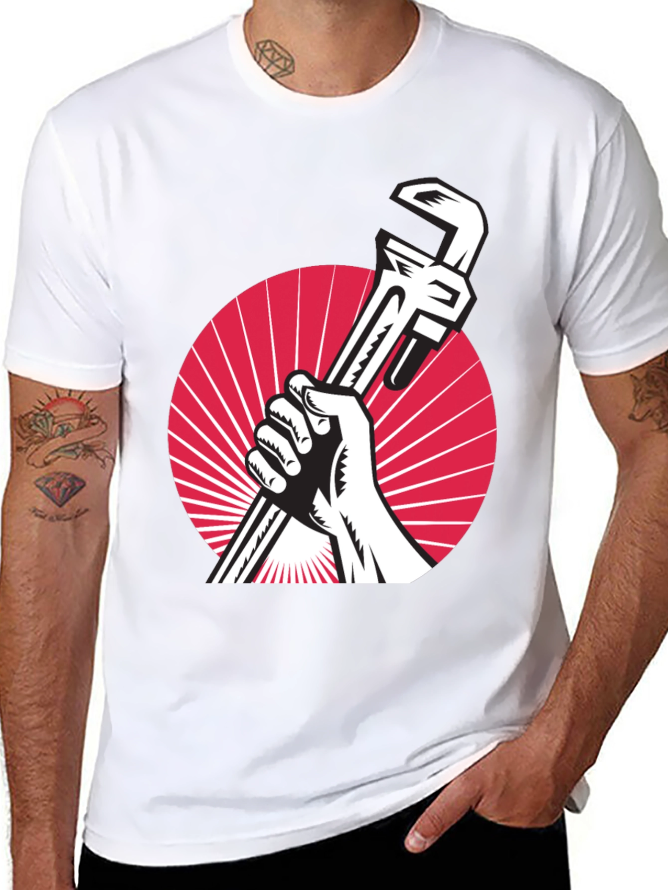 Retro Plumber T-Shirt - Hand Holding Wrench Design