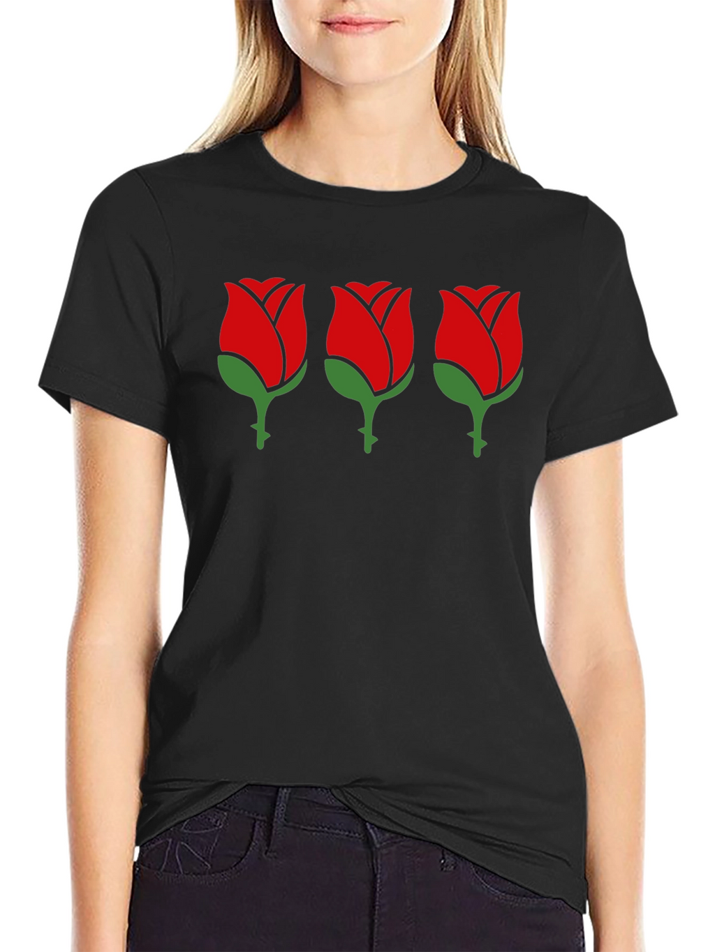 Black T-Shirt with Rose Design