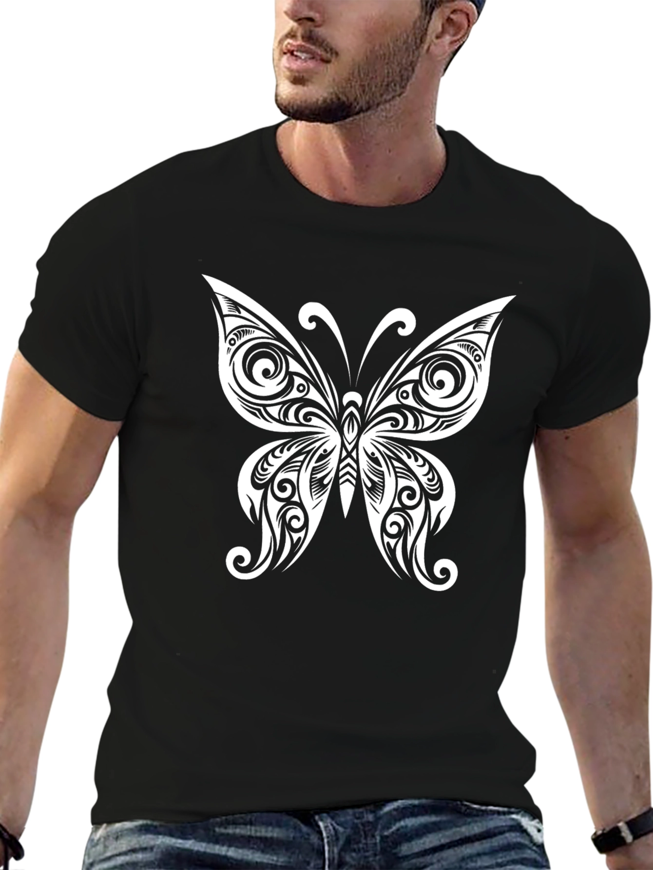 Butterfly Tattoo Style Graphic Tee - Black Cotton Blend
