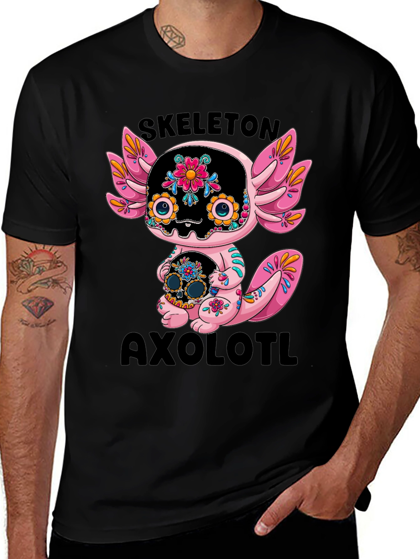 Skeleton Axolotl T-Shirt - Day of the Dead Style