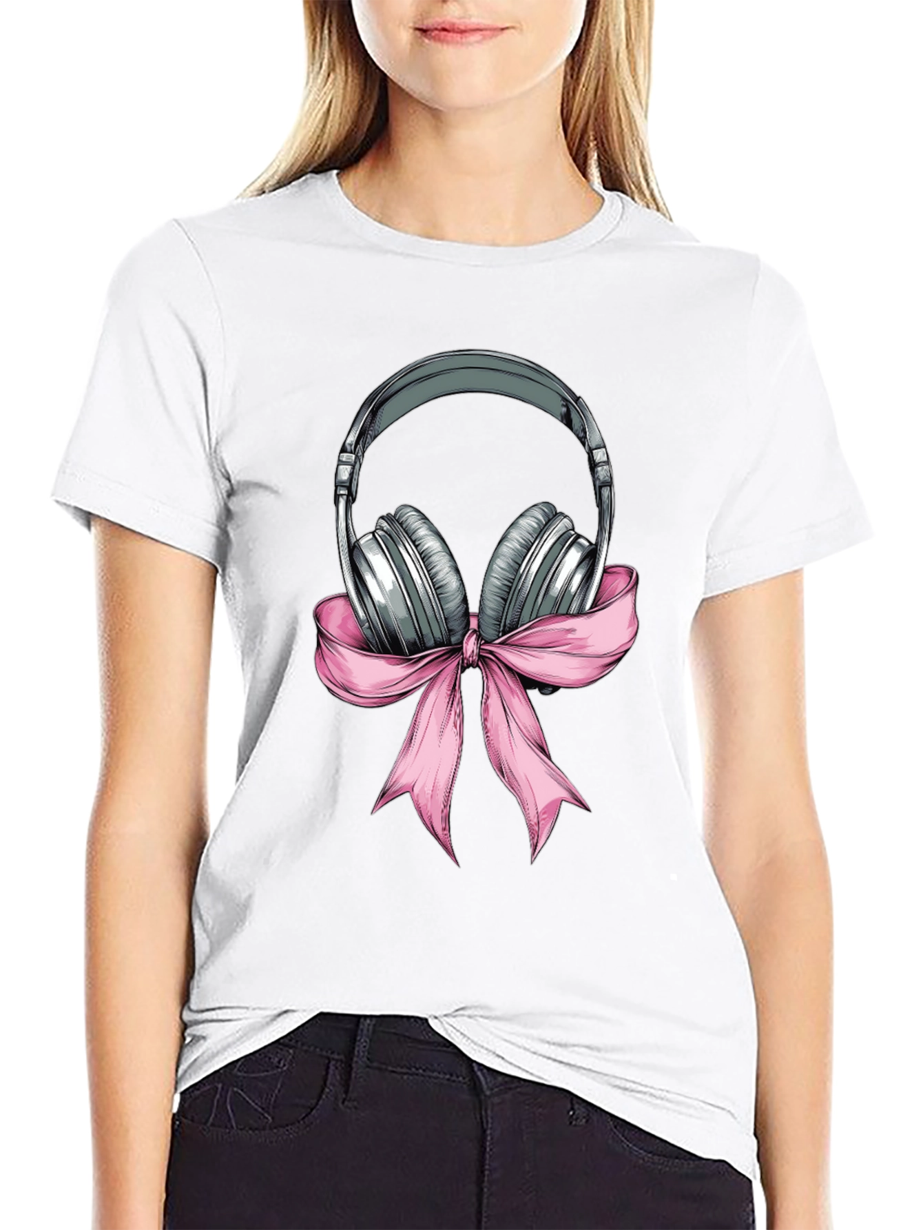 Headphones with Pink Bow Graphic T-Shirt