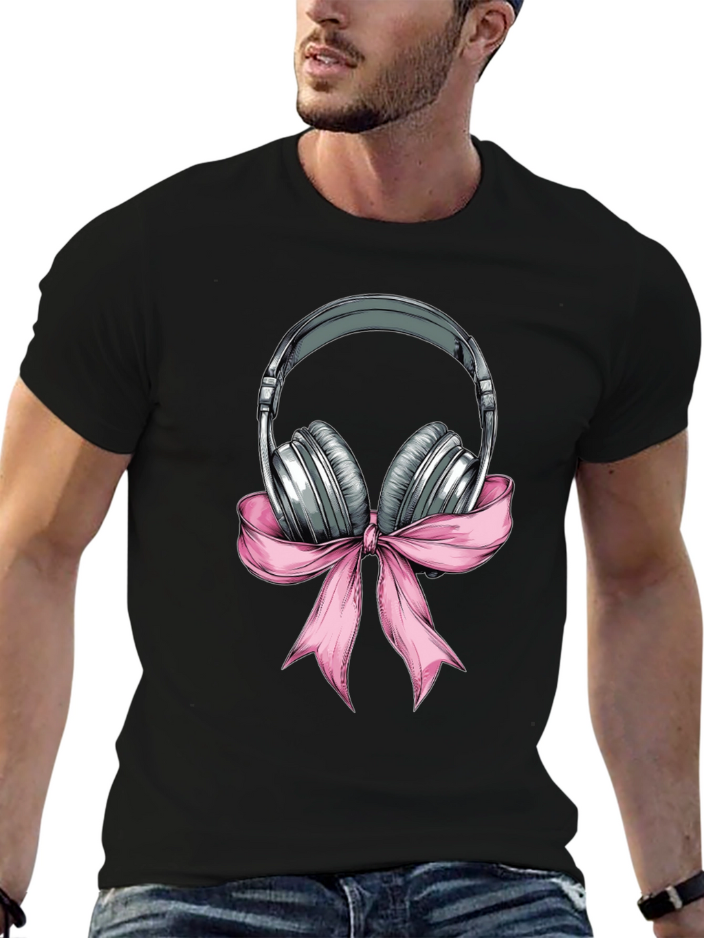 Headphones with Pink Bow Graphic T-Shirt