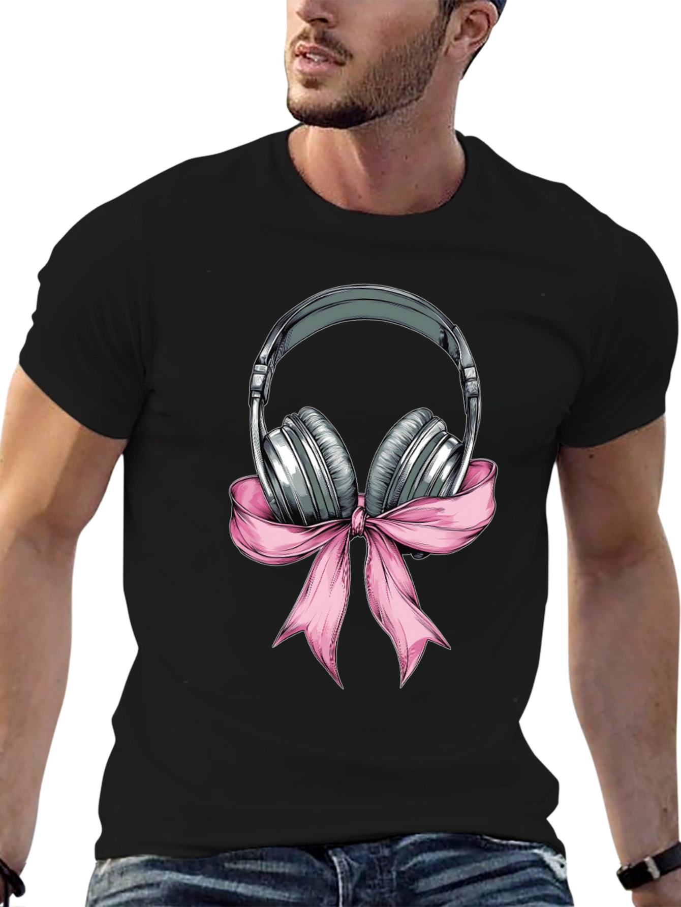 Headphones with Pink Bow Graphic T-Shirt
