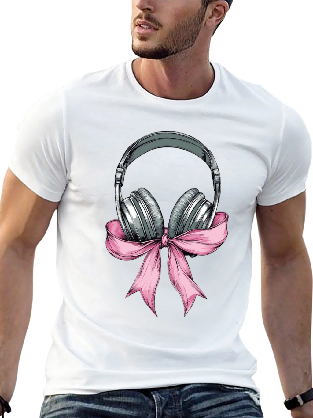 Headphones with Pink Bow Graphic T-Shirt