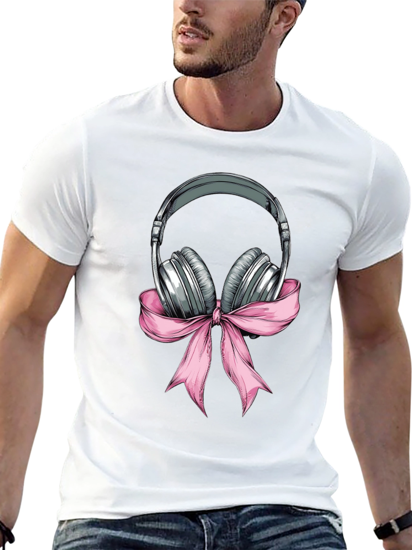 Headphones with Pink Bow Graphic T-Shirt