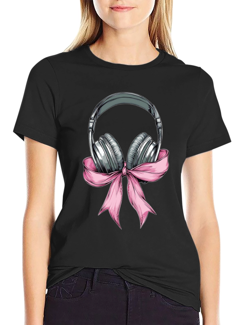 Headphones with Pink Bow Graphic T-Shirt