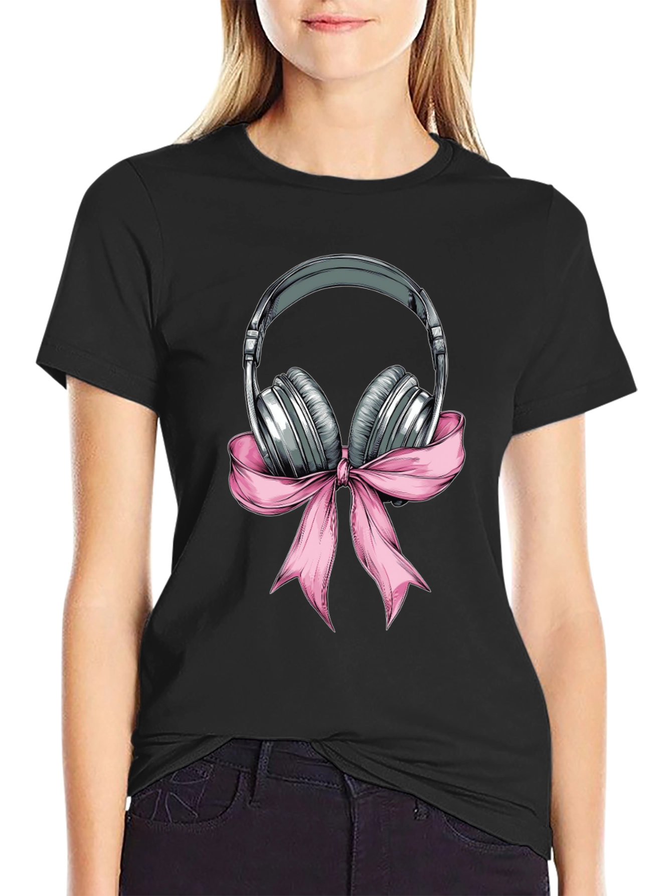 Headphones with Pink Bow Graphic T-Shirt