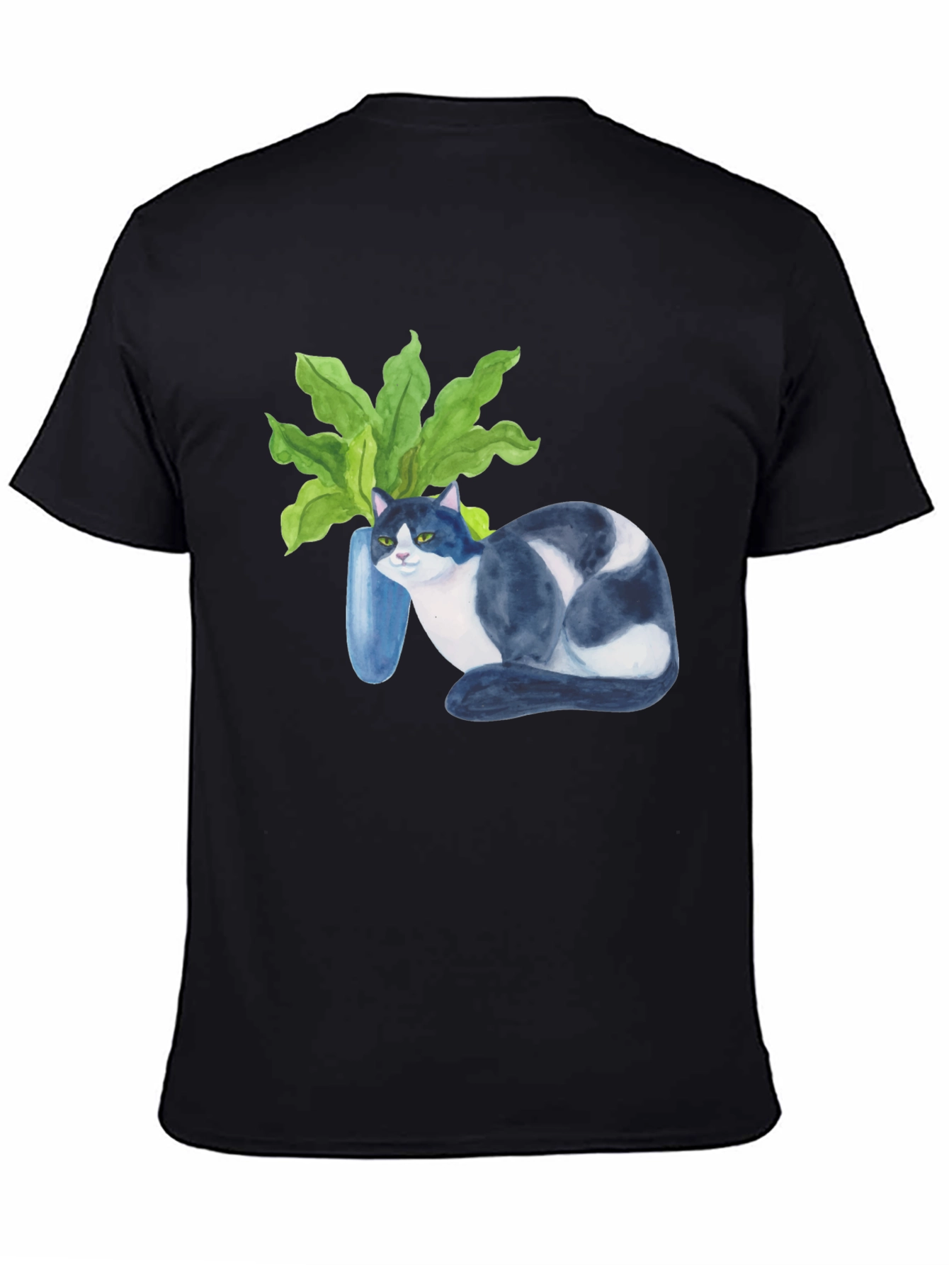 Cat & Plant Graphic Tee - Modern Black T-Shirt
