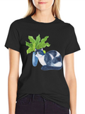 Cat & Plant Graphic Tee - Modern Black T-Shirt
