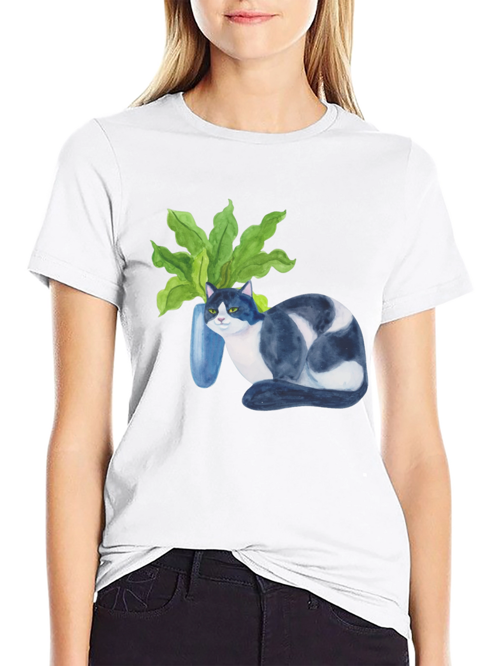 Cat & Plant Graphic Tee - Modern Black T-Shirt