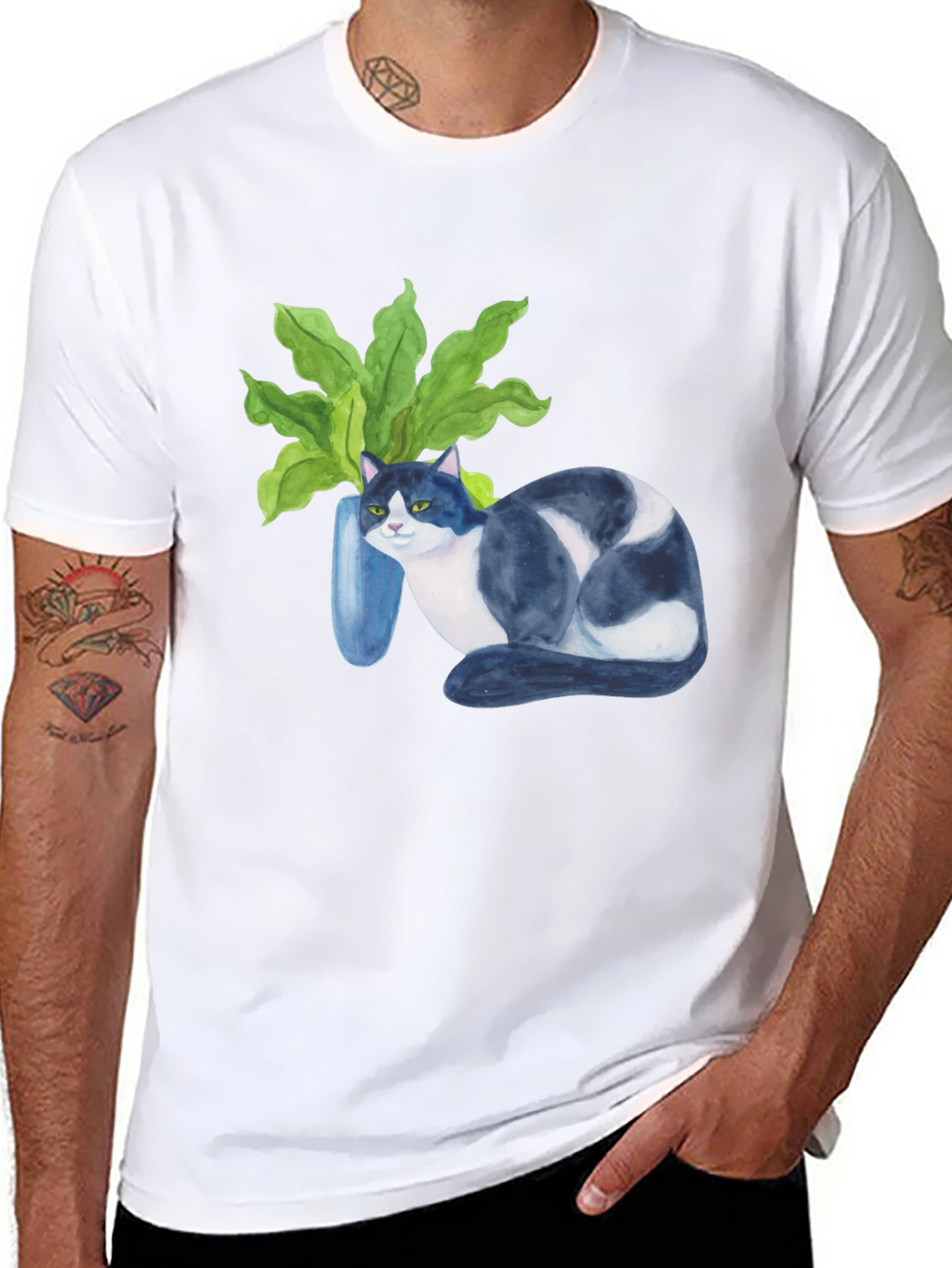 Cat & Plant Graphic Tee - Modern Black T-Shirt