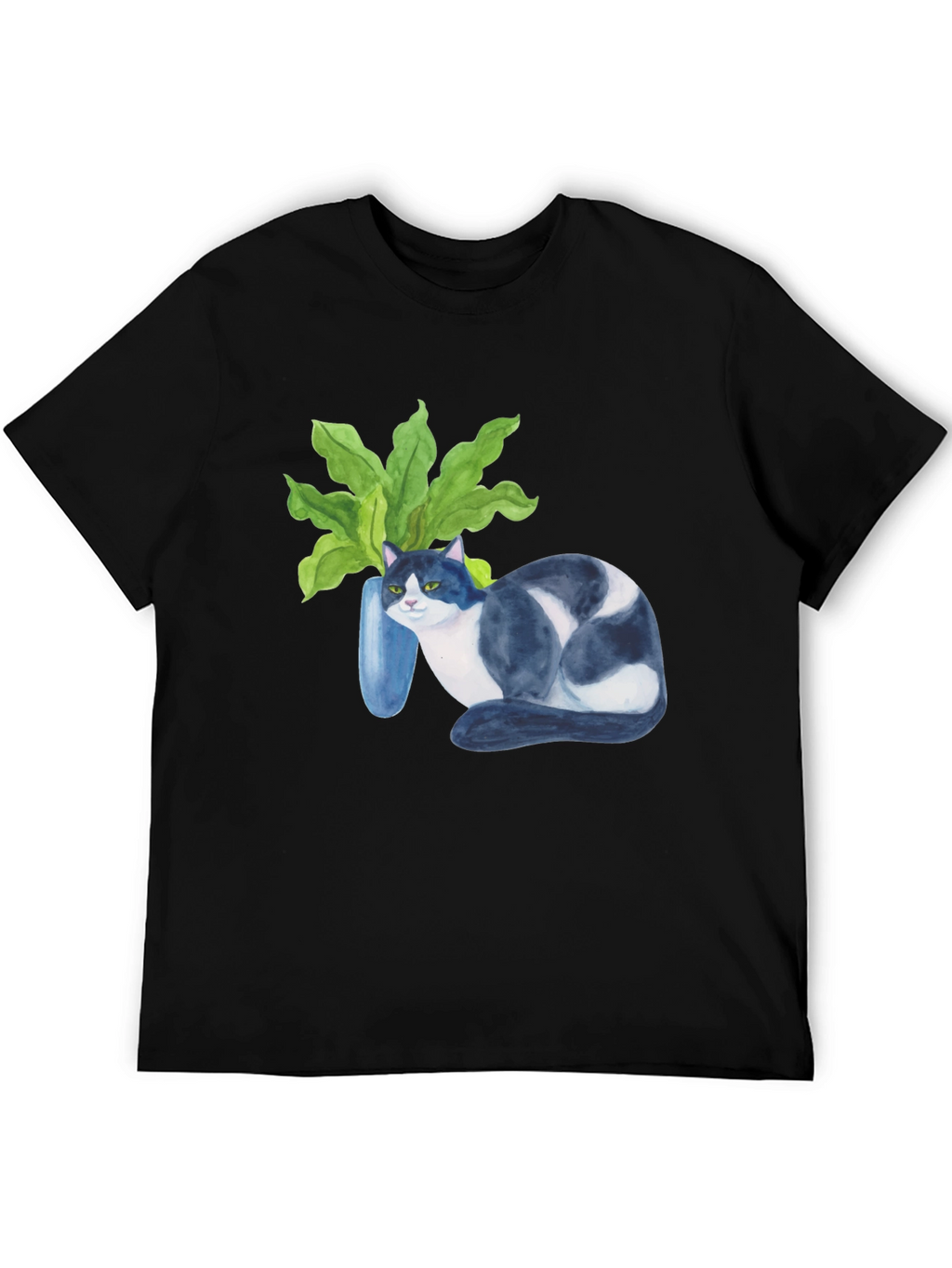 Cat & Plant Graphic Tee - Modern Black T-Shirt