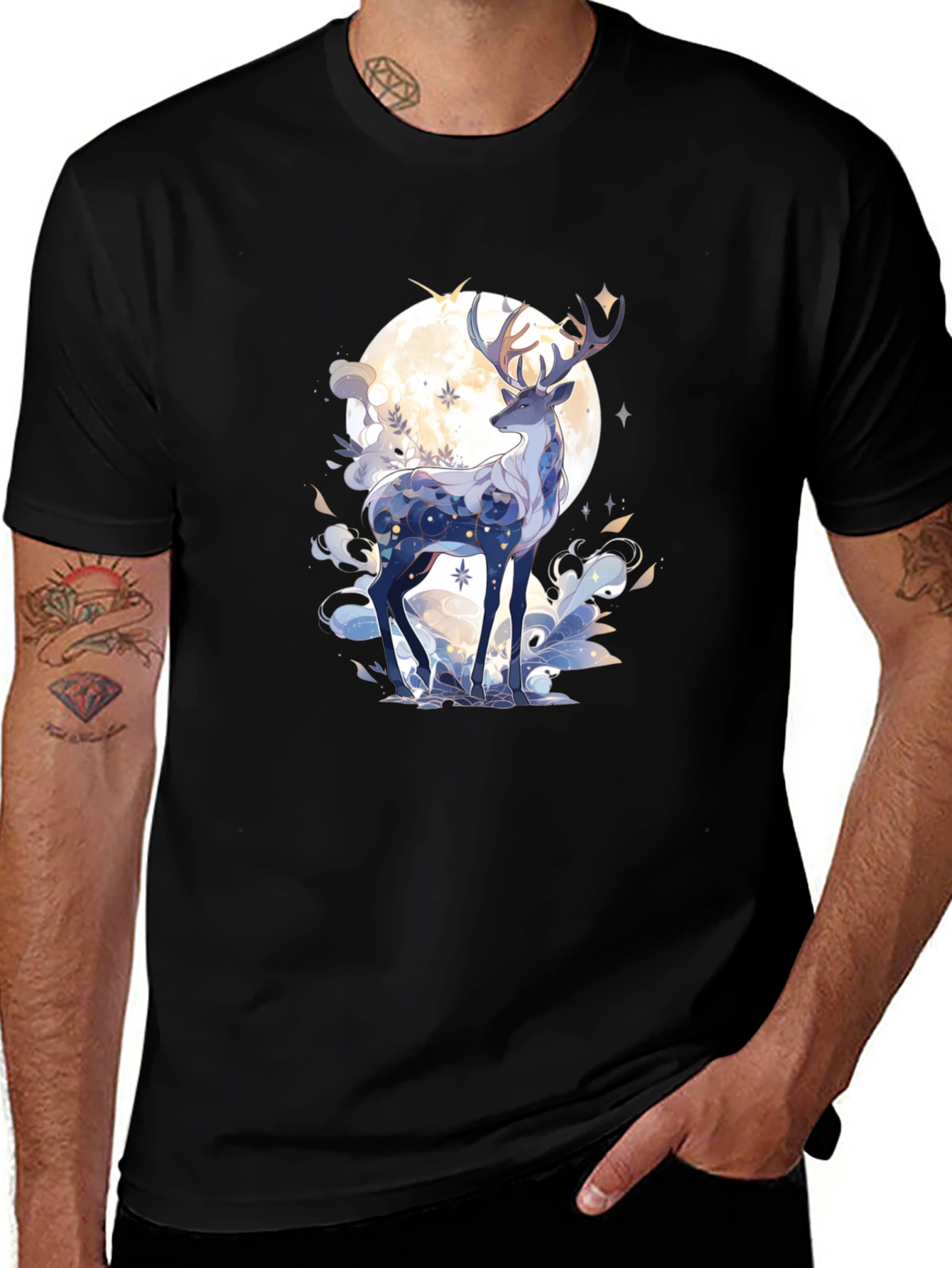 Celestial Deer Graphic Tee - Black Cotton Comfort