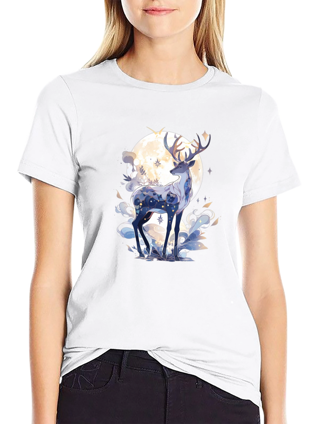 Celestial Deer Graphic Tee - Black Cotton Comfort
