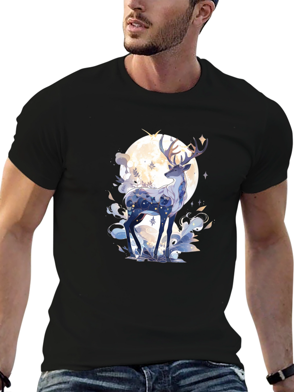 Celestial Deer Graphic Tee - Black Cotton Comfort