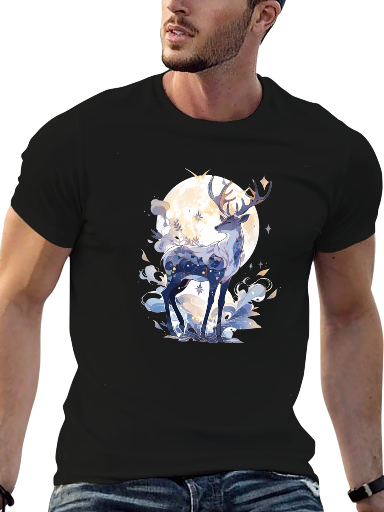 Celestial Deer Graphic Tee - Black Cotton Comfort